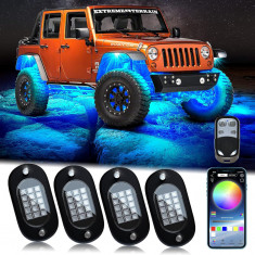 Kit 4 Lumini Ambientale RGB, model "ROCK LIGHT" cu telecomanda si aplicatie telefon, destinate Off-Road, ATV, SSV