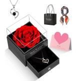 Set Cadou Trandafir Etern Conservat cu Colier "Te Iubesc" 100 Limbi, Esarfa Matase, Cutie Bijuterii, GOICC, Rosu