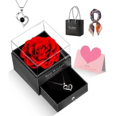 Set Cadou Trandafir Etern Conservat cu Colier "Te Iubesc" 100 Limbi, Esarfa Matase, Cutie Bijuterii, GOICC, Rosu