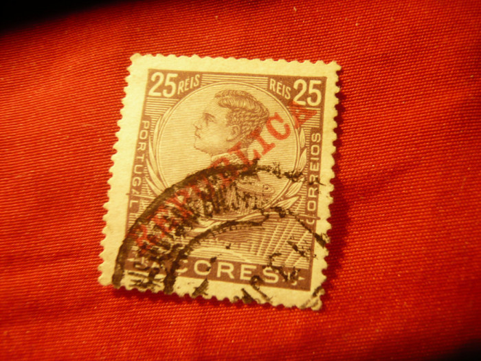 Timbru Portugalia -Azore 1910 - R.Manuel II supratipar Republica ,25r stamp.