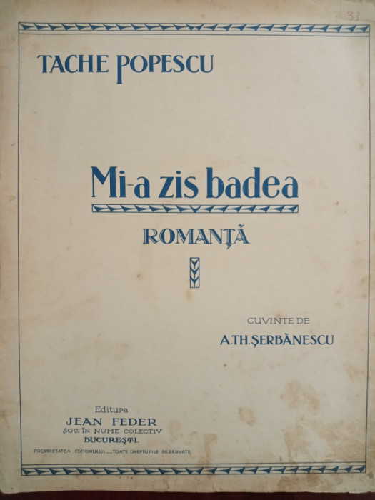 Mi-a zis badea / Romanță / Tache Popescu / partitură note muzicale