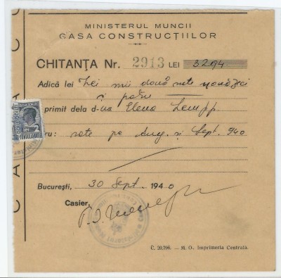 Romania, Ministerul Muncii, Casa Constructiilor, Chitanta, Bucuresti, 1940 foto