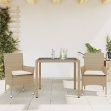 VidaXL Set mobilier de grădină cu perne 3 piese bej poliratan &amp; sticlă