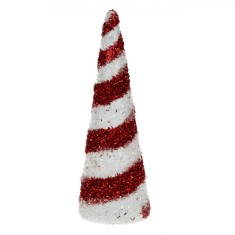 Ornament Brad Crăciun, Con, Spumă, Tinsel Roșu și Alb, Diametru 8cm, &Icirc;nălțime 25.5cm