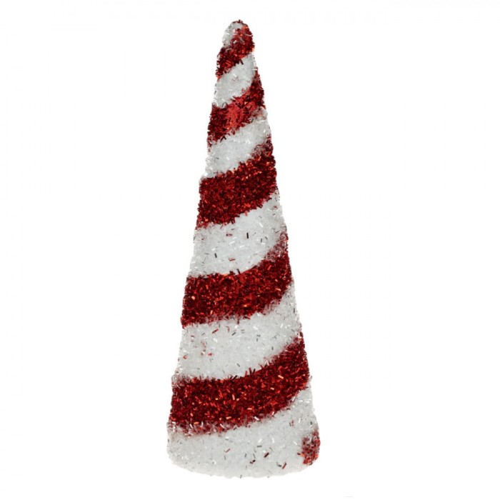 Ornament Brad Crăciun, Con, Spumă, Tinsel Roșu și Alb, Diametru 8cm, &Icirc;nălțime 25.5cm