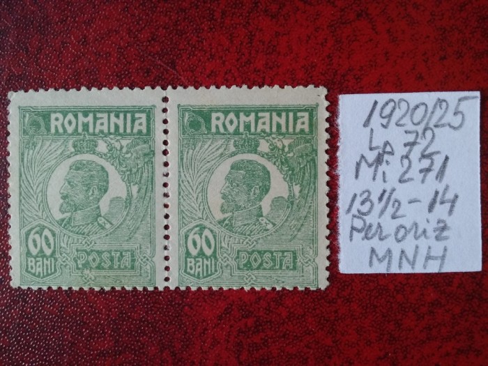 1920- Romania- Ferd. b. mic Mi271-Hartie alba.-per.oriz.-MNH