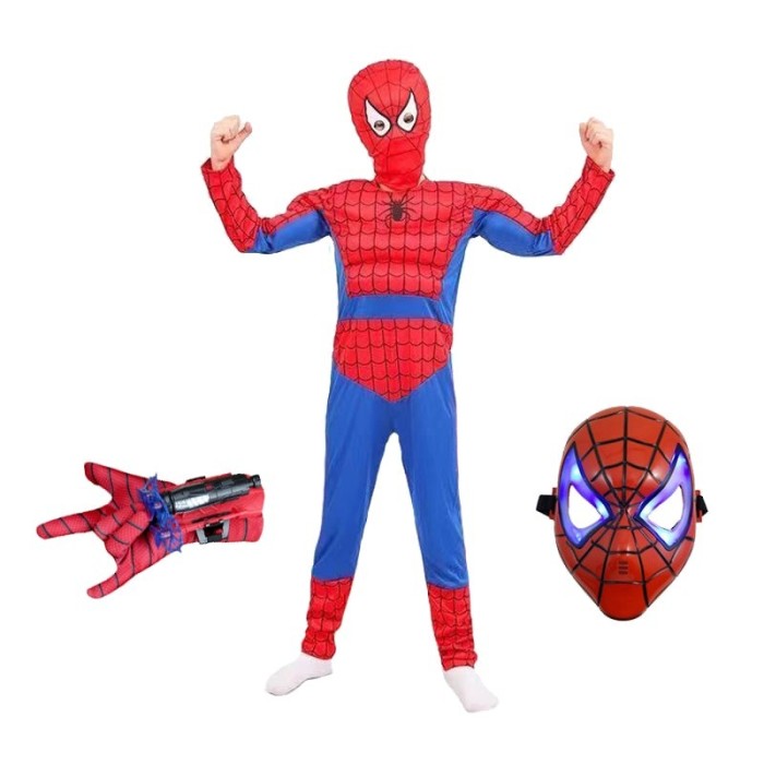 Set costum Ultimate Spiderman pentru copii, 100% poliester, manusa ventuze si masca LED, 6-8 ani, 110-120 cm