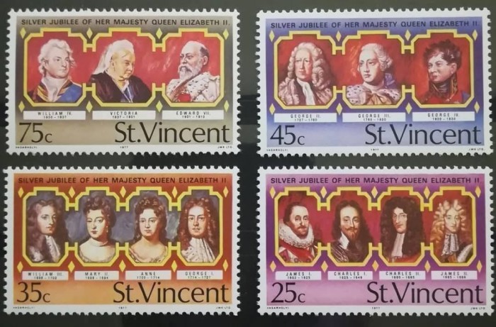 BC12, ST.Vincent 1977, 4 timbre regina Elisabeta a II-a, jubileul de argint