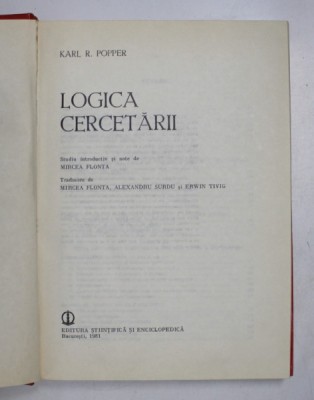 LOGICA CERCETARII de KARL R. POPPER , 1981 foto