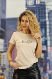 U833-152 Tricou casual cu imprimeu text &quot;beautiful&quot;
