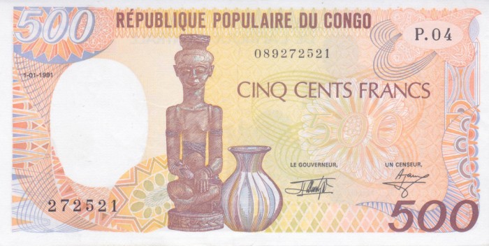 Bancnota Republica Congo 500 Franci 1991 - P8c UNC