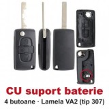 Carcasa cheie briceag Topautochei&amp;#174; 4 butoane, CU suport baterie, lamela VA2, compatibila cu Peugeot 807 Expert Partner si Citroen C8 Jumpy Berlin