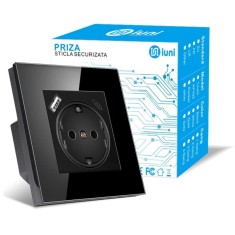 Priza rama sticla securizata, porturi USB-A si USB-C, iUni UC1, 16A, Black