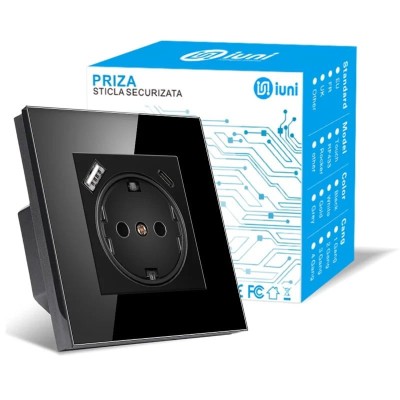 Priza rama sticla securizata, porturi USB-A si USB-C, iUni UC1, 16A, Black foto