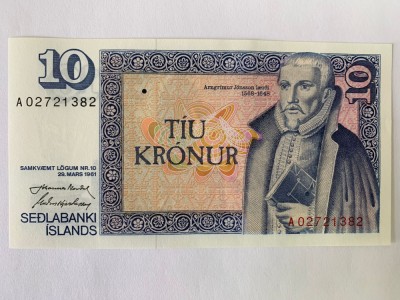 Bancnota 10 KRONUR / COROANE NOI - 1981 - Islanda - P-48a.4 foto