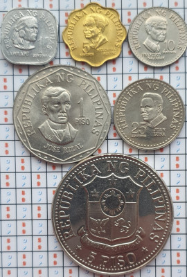 Set 6 monede Filipine 1, 5, 10, 25 sentimo, 1, 5 Piso 1975 - 1982 UNC - A023 foto