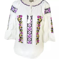 Ie Traditionala Alba cu Motiv Floral Mov de Dama - IMS06