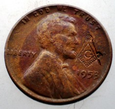 2.359 USA SUA 1 ONE LINCOLN CENT 1953 D MASONIC MASON MASONERIE CONTRAMARCA foto