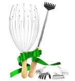 Set ustensila de scarpinat pentru spate cu 5 capete si ustensila de masaj pentru par Bambua, metal/bambus, natur/argintiu/negru