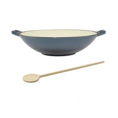 Vas de fonta tip Wok, emailat, 35.5x11 cm, cu lingura de lemn, Perfect Home GartenVIP DiyLine foto