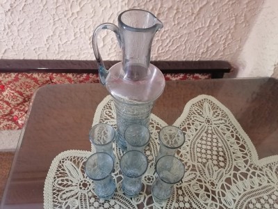 Set carafă + 6 pahare din sticlă gri cu model made in RSR vintage foto