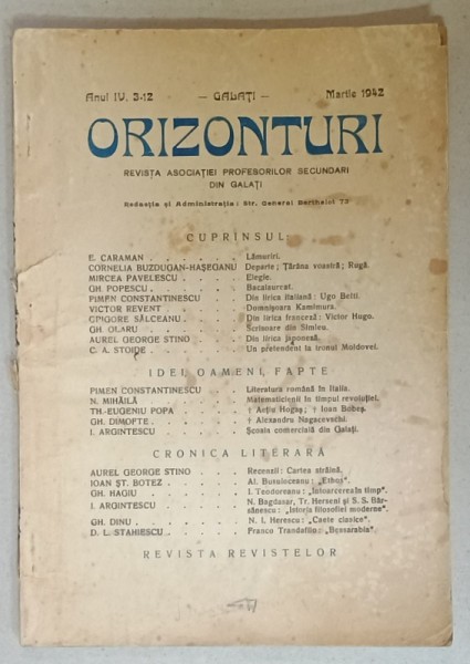 ORIZONTURI , REVISTA DE CULTURA A ASOCIATIEI PROFESORILOR SECUNDARI DIN GALATI , NR. 3- 12, 1942