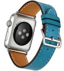 Curea iUni compatibila cu Apple Watch 1/2/3/4/5/6/7, 40mm, Single Tour, Piele, Albastru foto