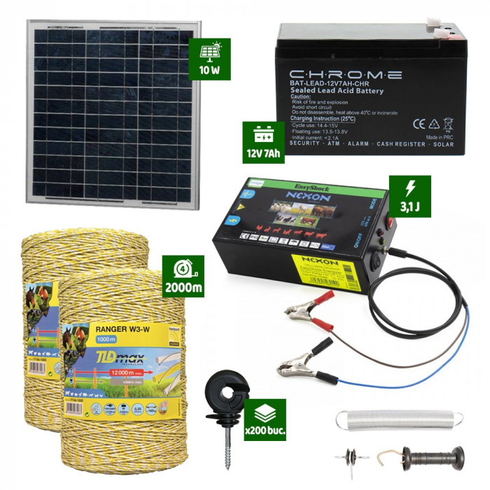 Pachet gard electric cu Panou solar 3,1J putere cu 2000m Fir 160Kg