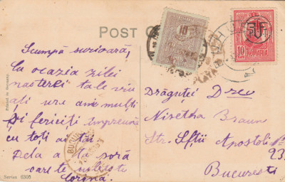 1919 Romania - CPI din Buhusi, timbre Ferdinand PTTF + Taxa de Plata, cenzura foto