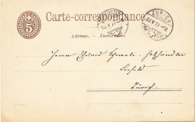 Switzerland 1877 Old postcard postal stationery NEUMUNSTER to ZURICH D.995 foto