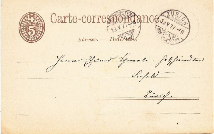 Switzerland 1877 Old postcard postal stationery NEUMUNSTER to ZURICH D.995