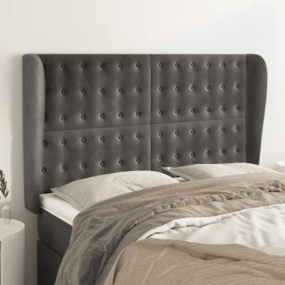 vidaXL Tăblie de pat cu aripioare gri &amp;icirc;nchis 147x23x118/128 cm catifea 3118439 foto