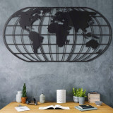 Decoratiune de perete, World Map Globe Led, Metal, Dimensiune: 60 x 120 cm, Negru, Bystag