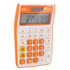 Calculator de Birou Deli 1238, 12 Digits, Alb/Portocaliu, Alimentare Dubla, Calculator Birou, Calculator Birou 12 Digits, Calculator Birou cu Verifica