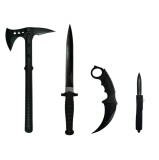 Cumpara ieftin Set 4 Accesorii Vanatoare IdeallStore: Topor, Cutite Otel Inoxidabil, Baioneta, Karambit, Deschidere Automata, Negru + Husa