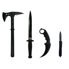Set 4 ustensile DeltaForce, topor si 3 cutite, otel inoxidabil, negru
