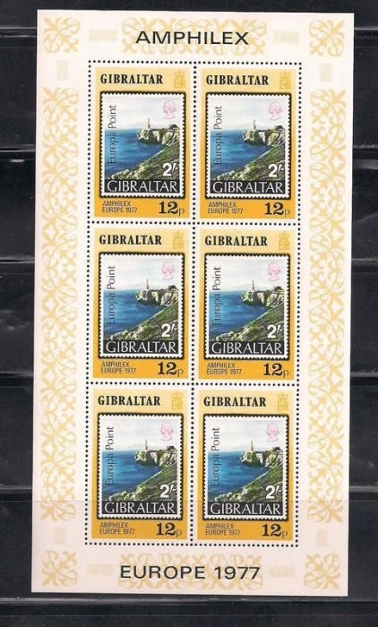 Gibraltar 1977 Europa CEPT, AMPHILEX 12p, perf. sheetlet, MNH S.148