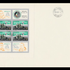 1971 Romania - FDC Apollo 15, bloc NEdantelat de 4 + 4 vignete diferite LP 772 b