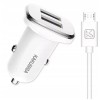 Incarcator auto KakuSiga, 2.4A, 2 x USB, Cablu Micro USB, 1 m, Incarcare rapida, Plastic, Alb