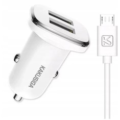 Incarcator auto KakuSiga, 2.4A, 2 x USB, Cablu Micro USB, 1 m, Incarcare rapida, Plastic, Alb