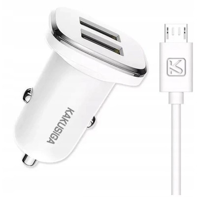 Incarcator auto KakuSiga, 2.4A, 2 x USB, Cablu Micro USB, 1 m, Incarcare rapida, Plastic, Alb foto