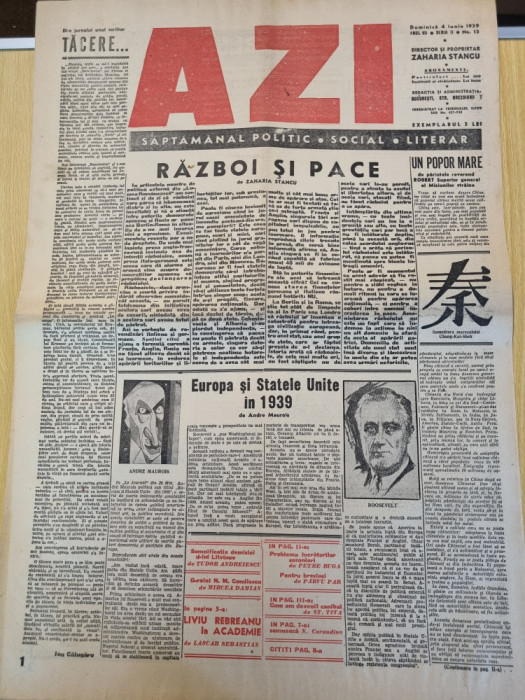 ziarul azi 4 iunie 1939-art. razboi si pace-zaharia stancu