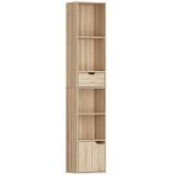 HOMCOM Raft Bibliotecă cu 4 Nivele Deschise, cu Dulap și Sertar, 30x24x158 cm, Lemn Natural | Aosom Romania