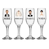 Set pahare Sampanie din sticla, personalizate, Miri si Nasi, pentru nunta, model 3