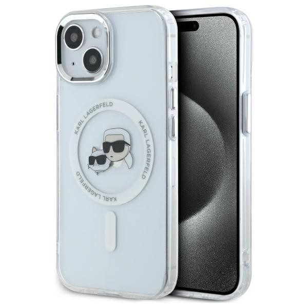 Husa MagSafe pentru Apple iPhone 14, Karl Lagerfeld, IML Metal Karl &amp; Choupette&#039;s Heads, Alba