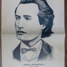 AFIS CU PORTRETUL LUI MIHAI EMINESCU , DESEN de VASILE PAUNESCU , 1989