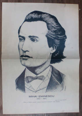 AFIS CU PORTRETUL LUI MIHAI EMINESCU , DESEN de VASILE PAUNESCU , 1989 foto