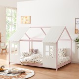 Cumpara ieftin Pat Copii tip Casuta Montessori Semi Deschis cu Protectie Impotriva Caderilor, Dimensiuni 200x120cm, Lemn de Brad, Roz/Alb, [en.casa]