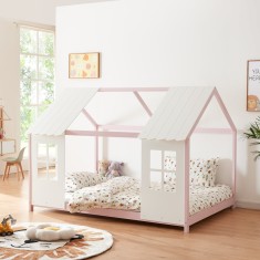 Pat casuta copii design semi deschis Tostedt 140x200 cm brad roz alb [en.casa] HausGarden Leisure foto