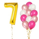 Set Baloane Aniversare 7 Ani Fată, Roz/Rose Gold, 13 Piese - Balon Folie Cifra 81cm + 12 Latex 30cm